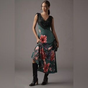 NWT Anthropologie Green Floral Midi Dress with Black Lace Bodice